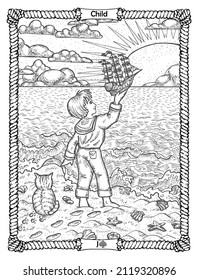 Child card from the oracle Old Marine Lenormand deck with kid, cat and handmade ship. Nautical vintage background, coloring book page, t-shirt and tattoo vector graphic, pirate adventures concept. 