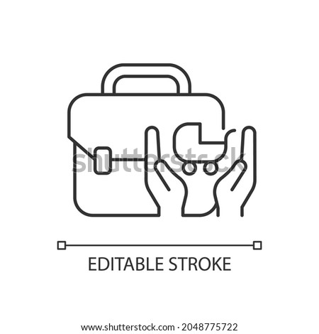 Child care assistance linear icon. Family and work balance. Assisting parents with children. Thin line customizable illustration. Contour symbol. Vector isolated outline drawing. Editable stroke