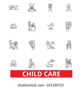 Child care, babysitter, preschool, nanny, nursery, kids playing, daycare center line icons. Editable strokes. Flat design vector illustration symbol concept. Linear signs isolated on white background