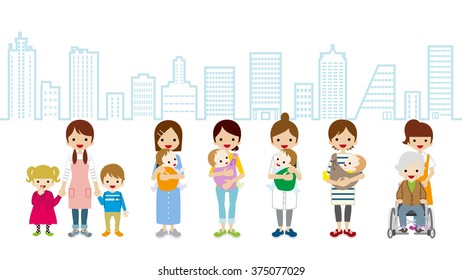 Child care and Caregiver - Cityscape Background