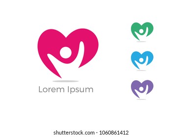 Child care center logo, charity and support vector concept, orphans in heart icon, love and happy life vector illustration.
