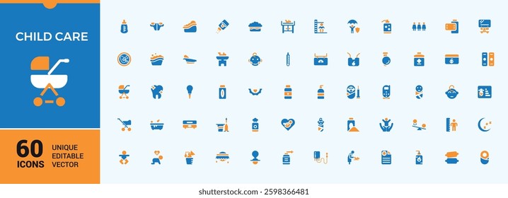 Child Care colorful modern icons set. Featuring kid, feeding, health, love, baby, child. Isolated icon. Care icon set. Editable vector illustration.