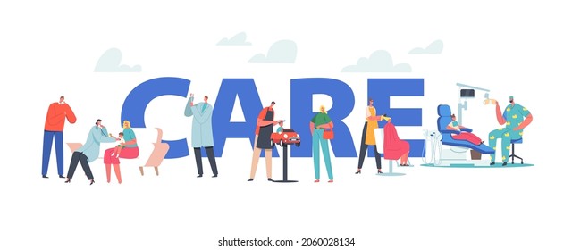 Child Care Concept. Pediatrician, Stomatologist and Hairdresser Characters Caring of Children, Checking Health, Cut Hairs, Service for Kids Poster, Banner or Flyer. Cartoon People Vector Illustration