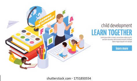 Child Care Development Home Study Isometric Web Banner With Kindergarten Online Abc Distant Learning Course Vector Illustration 