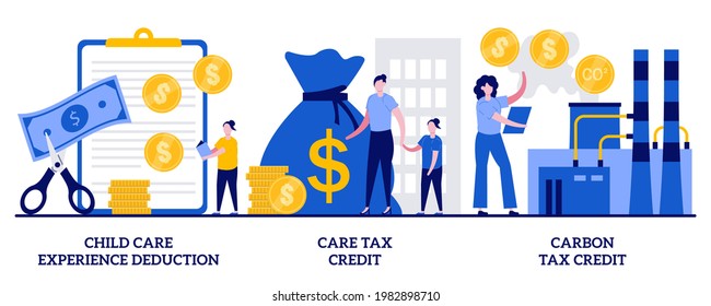 Child care experience deduction, care tax credit, carbon tax credit concept with tiny people. Income subsidies abstract vector illustration set. Tax deduction, exemption and credit metaphor.