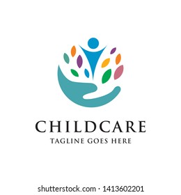 child care with helping hand and colorful leaf logo icon vector template