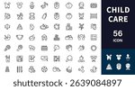 Child care icon set. Baby or newborn icon set. Baby items. Stroller, car seat, bathing, changing diaper, toys, games, etc. Activities with babies. Vector