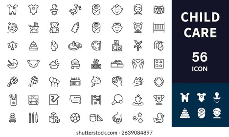 Child care icon set. Baby or newborn icon set. Baby items. Stroller, car seat, bathing, changing diaper, toys, games, etc. Activities with babies. Vector