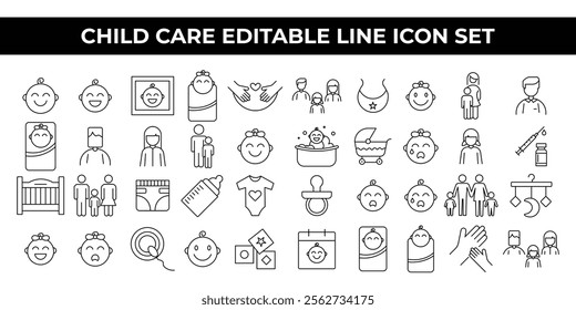 Child Care Icon Set with editable line icons of toys, education, and child development symbols. Great for childcare centers, parenting blogs, educational materials, and promotional designs. 