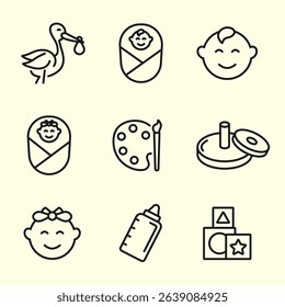 child care icon set. Newborn baby toys, bottle, cute baby face. international children day. Motherhood and parenthood. Vector set