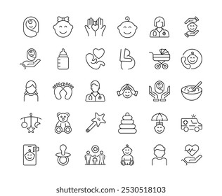 Child care icons in line editable. Baby, Care, support, safety, awareness, parenthood, doctor, nurse, . Vector illustration