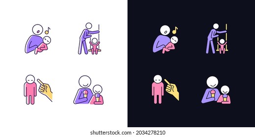 Child care light and dark theme RGB color icons set. Singing to baby. Playing on swings. Punishment gesture. Isolated vector illustrations on white and black space. Simple filled line drawings pack