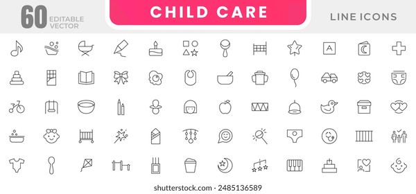 Child care line icon set. Care, support, safety, baby, awareness, parenthood, international children day, kid rights, parenthood outline icon collection. UI thin outline icons pack.