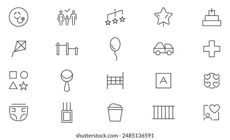 Child care line icon set. Care, support, safety, baby, awareness, parenthood, international children day, kid rights, parenthood outline icon collection. UI thin outline icons pack.