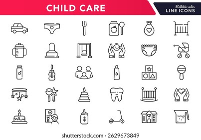 Child care line icon set. Babies, motherhood, kids, family, baby, pregnancy, prenatal care, support, safety, International Children Day, awareness, and parenthood outline vector thin icon pack