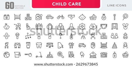 Child care line icon set. Babies, motherhood, kids, family, baby, pregnancy, prenatal care, support, safety, International Children Day, awareness, and parenthood outline vector thin icon pack