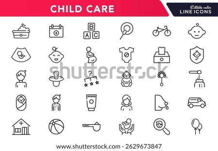 Child care line icon set. Babies, motherhood, kids, family, baby, pregnancy, prenatal care, support, safety, International Children Day, awareness, and parenthood outline vector thin icon pack