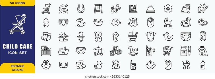 Child  care Line Icons set. Editable Stroke. Child, baby boys, family, human age, diaper, child sleeping, child care and more. Vector Illustration