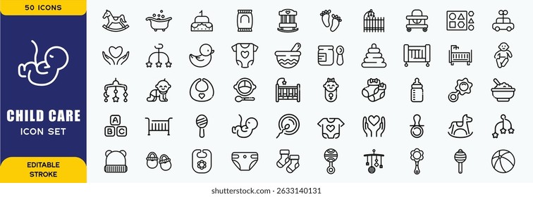 Child  care Line Icons set. Editable Stroke. Child, baby boys, family, human age, diaper, child sleeping, child care and more. Vector Illustration