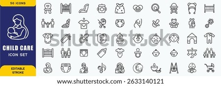 Child  care Line Icons set. Editable Stroke. Child, baby boys, family, human age, diaper, child sleeping, child care and more. Vector Illustration