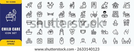 Child  care Line Icons set. Editable Stroke. Child, baby boys, family, human age, diaper, child sleeping, child care and more. Vector Illustration