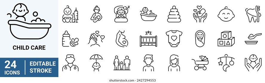 Child care line web icons. international children day, kid rights, parenthood. Outline icon collection. Editable stroke. Vector illustration