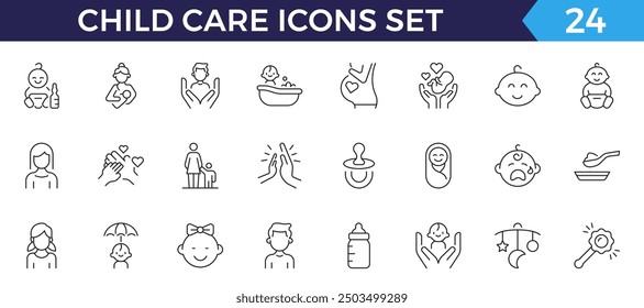 Child care line web icons. international children day, kid rights, parenthood. Outline icon collection. Editable stroke. Vector illustration