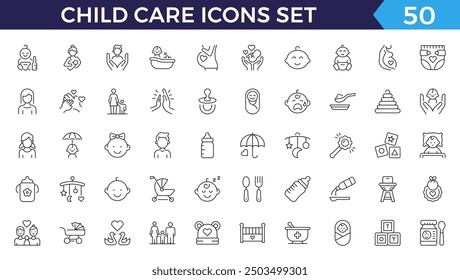 Child care line web icons. international children day, kid rights, parenthood. Outline icon collection. Editable stroke. Vector illustration