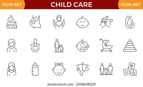 Iconos web de la línea de cuidado infantil. Día internacional del niño, derechos del niño, paternidad. Colección de icono de esquema. Trazo editable. Ilustración vectorial