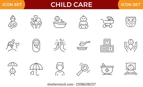 Iconos web de la línea de cuidado infantil. Día internacional del niño, derechos del niño, paternidad. Colección de icono de esquema. Trazo editable. Ilustración vectorial