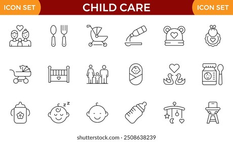 Iconos web de la línea de cuidado infantil. Día internacional del niño, derechos del niño, paternidad. Colección de icono de esquema. Trazo editable. Ilustración vectorial