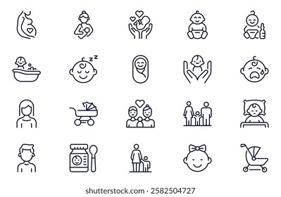 Child care line web icons set. international children day, kid rights, parenthood. Outline icon collection. Editable stroke. Vector illustration