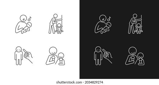 Child care linear icons set for dark and light mode. Singing to baby. Playing on swings. Punishment gesture. Customizable thin line symbols. Isolated vector outline illustrations. Editable stroke