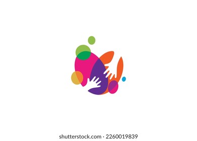 Child care logo design with symbol of hands reaching each other in colorful gradient