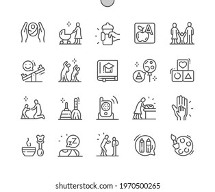 Child Care. Mom with stroller. Electro nanny. Child first steps. Baby food. Playground. Pixel Perfect Vector Thin Line Icons. Simple Minimal Pictogram