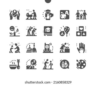 Child care. Mom with stroller. Electro nanny. Child first steps. Baby food. Playground. Vector Solid Icons. Simple Pictogram