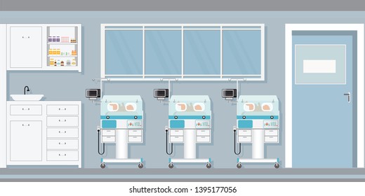 Child care newborn baby inside infant incubators in the hospital, vector illustration.
