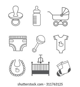 child care outline vector icons. pacifier for newborn icon, diaper icon, baby stroller icon, baby romper icon, baby rattle icon, baby socks icon, baby cot icon, baby bib icon. set of baby icons