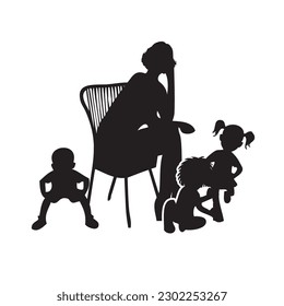 Child Care Provider surrounded by fun kids. Vector illustration.