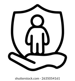 Child care and safety emblem line icon, family lawyer concept. Vector graphics. Hand with child on shield, human rights sign on white background, style mobile or design