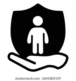 Child care and safety emblem solid icon, family lawyer concept. Vector graphics. Hand with child on shield, human rights sign on white background, style mobile or design