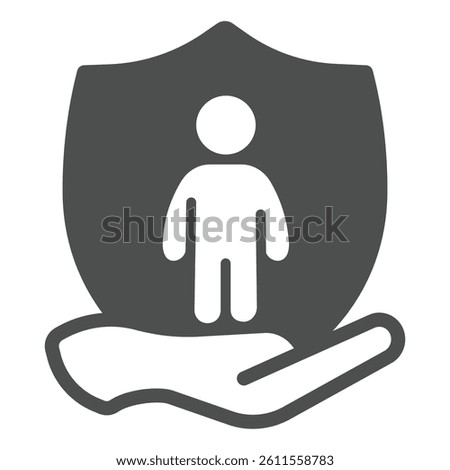 Child care and safety emblem solid icon, family lawyer concept. Vector graphics. Hand with child on shield, human rights sign on white background, glyph style icon for mobile or web design