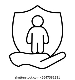 Child care and safety emblem thin line icon, family lawyer concept. Vector graphics. Hand with child on shield, human rights sign on white background, style mobile or design