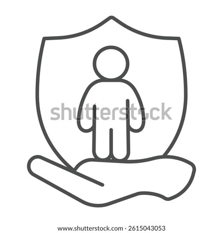 Child care and safety emblem thin line icon, family lawyer concept. Vector graphics. Hand with child on shield, human rights sign on white background, outline style icon for mobile or web design