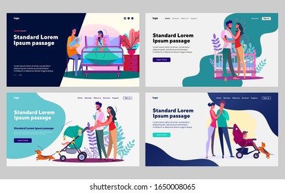 Child care set. Parent couple rocking baby at home, walking with pram. Flat vector illustrations. Parenthood, childhood, family concept for banner, website design or landing web page