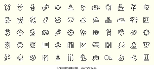 Child care set. Pregnancy, childbirth and baby care icon set. Newborn baby clothes, toys, diaper, breastfeeding, basinet, bottle, pacifier, etc. Cute baby face. Vector