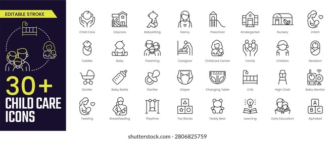 Child Care Stroke icon collections. Containing group, child care, daycare, babysitting, nanny, preschool, kindergarten, nursery, toddler, and parenting icons. Editable Stroke icon collection Outline icon