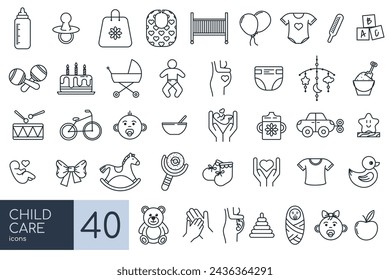 Child care thin line icons. Set of line icons related to international children day, kid rights, parenthood. Editable Stroke