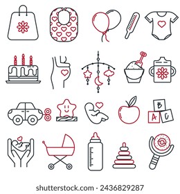 Child care thin line icons. Set of line icons related to international children day, kid rights, parenthood. Editable Stroke