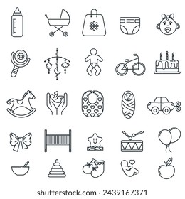 Child care thin line icons. Set of line icons related to international children day, kid rights, parenthood. Editable Stroke